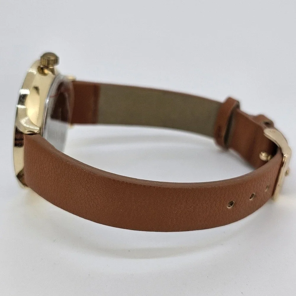 Kessaris Women's Watch 36MM White Dial Brown Faux Leather Bands‎ New Battery